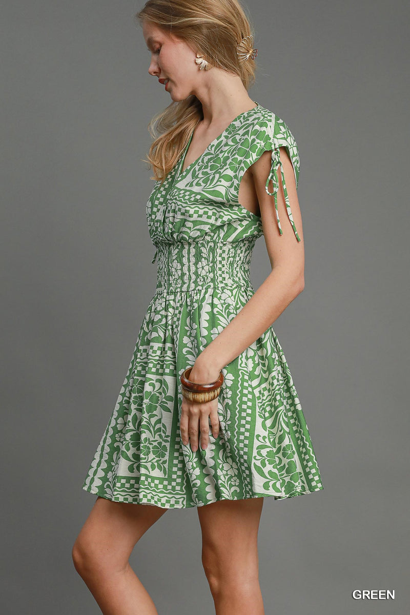 Boho Print Smocked Waist Mini Dress - Green