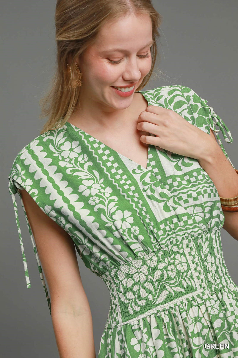 Boho Print Smocked Waist Mini Dress - Green