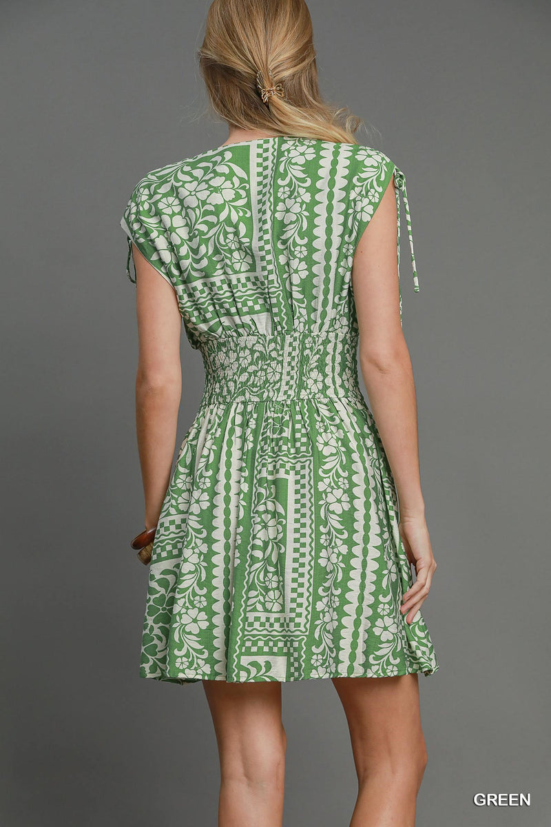 Boho Print Smocked Waist Mini Dress - Green