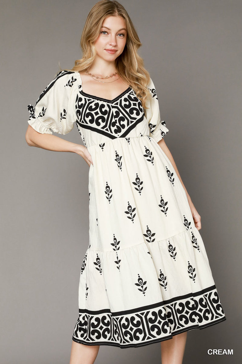 Boho Inspired Midi Dress - Black & Cream