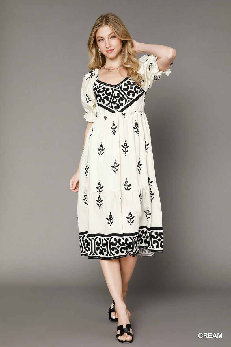Boho Inspired Midi Dress - Black & Cream