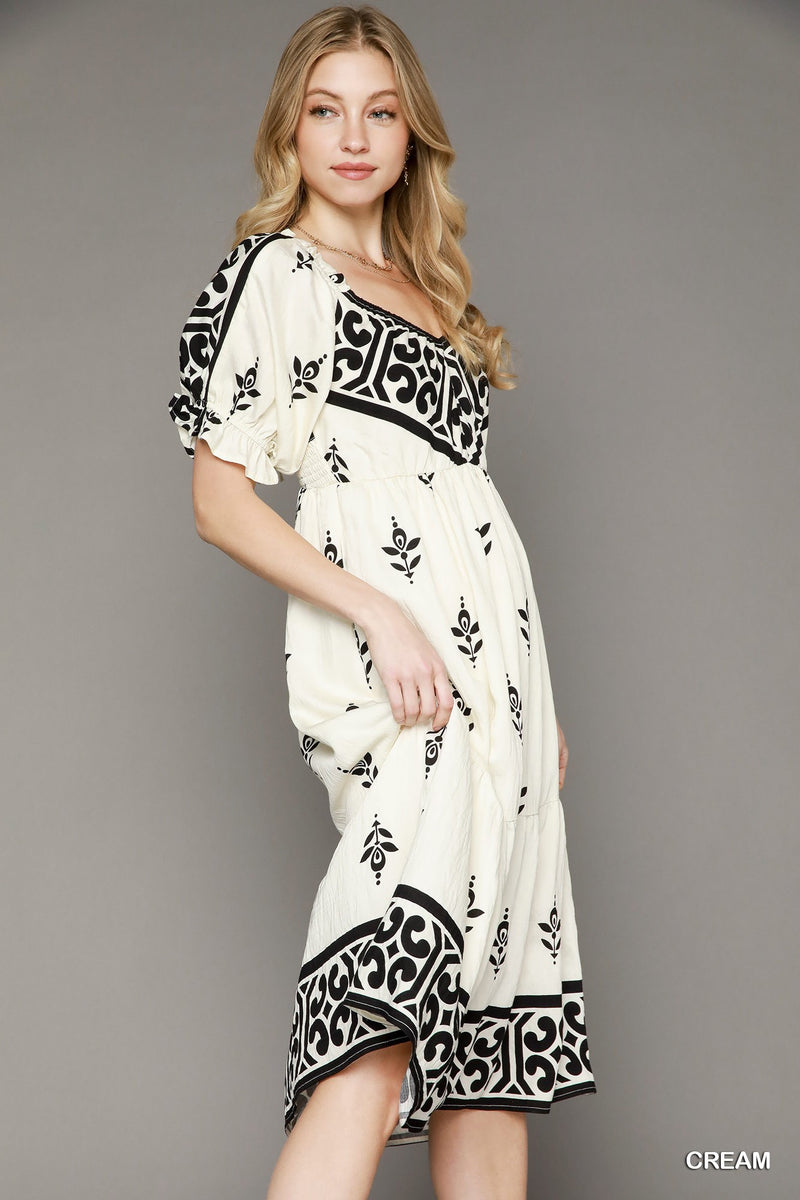 Boho Inspired Midi Dress - Black & Cream