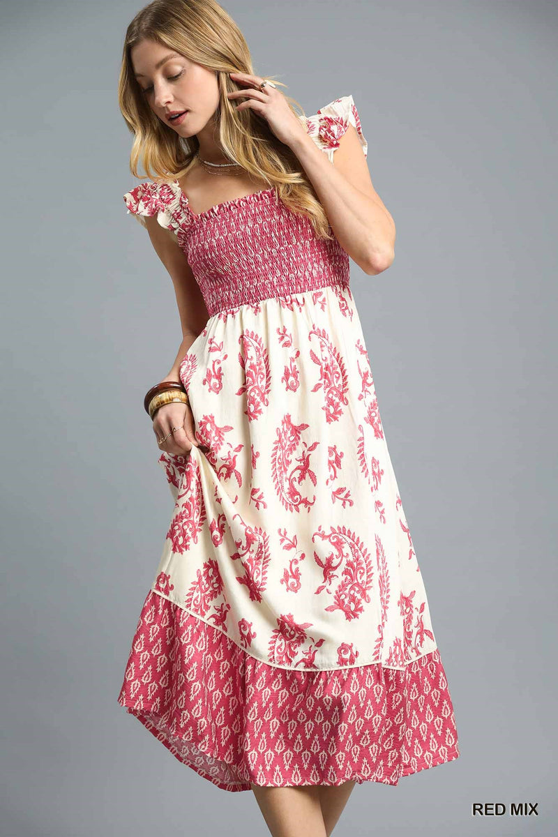Smocked Ruffle Strap Midi Dress - Red