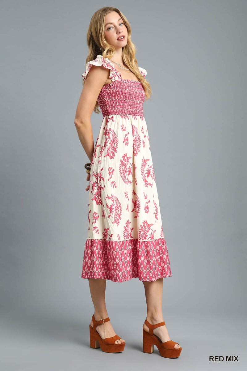 Smocked Ruffle Strap Midi Dress - Red