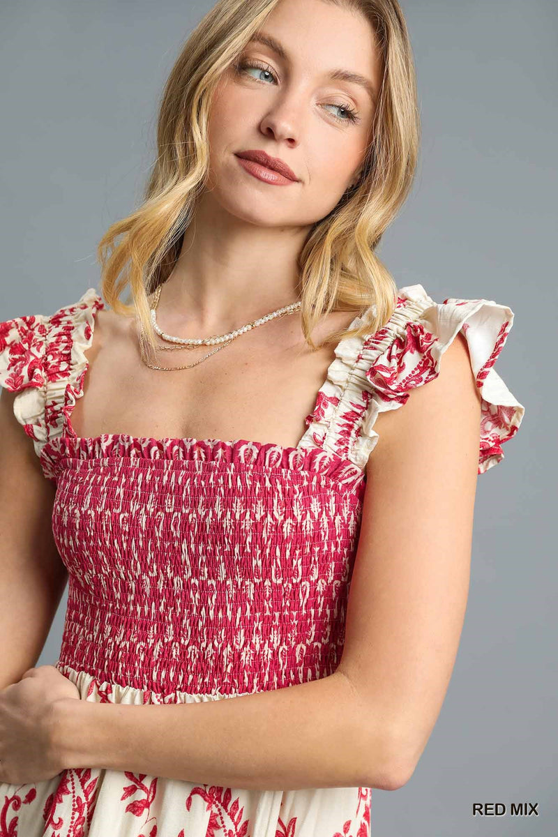 Smocked Ruffle Strap Midi Dress - Red