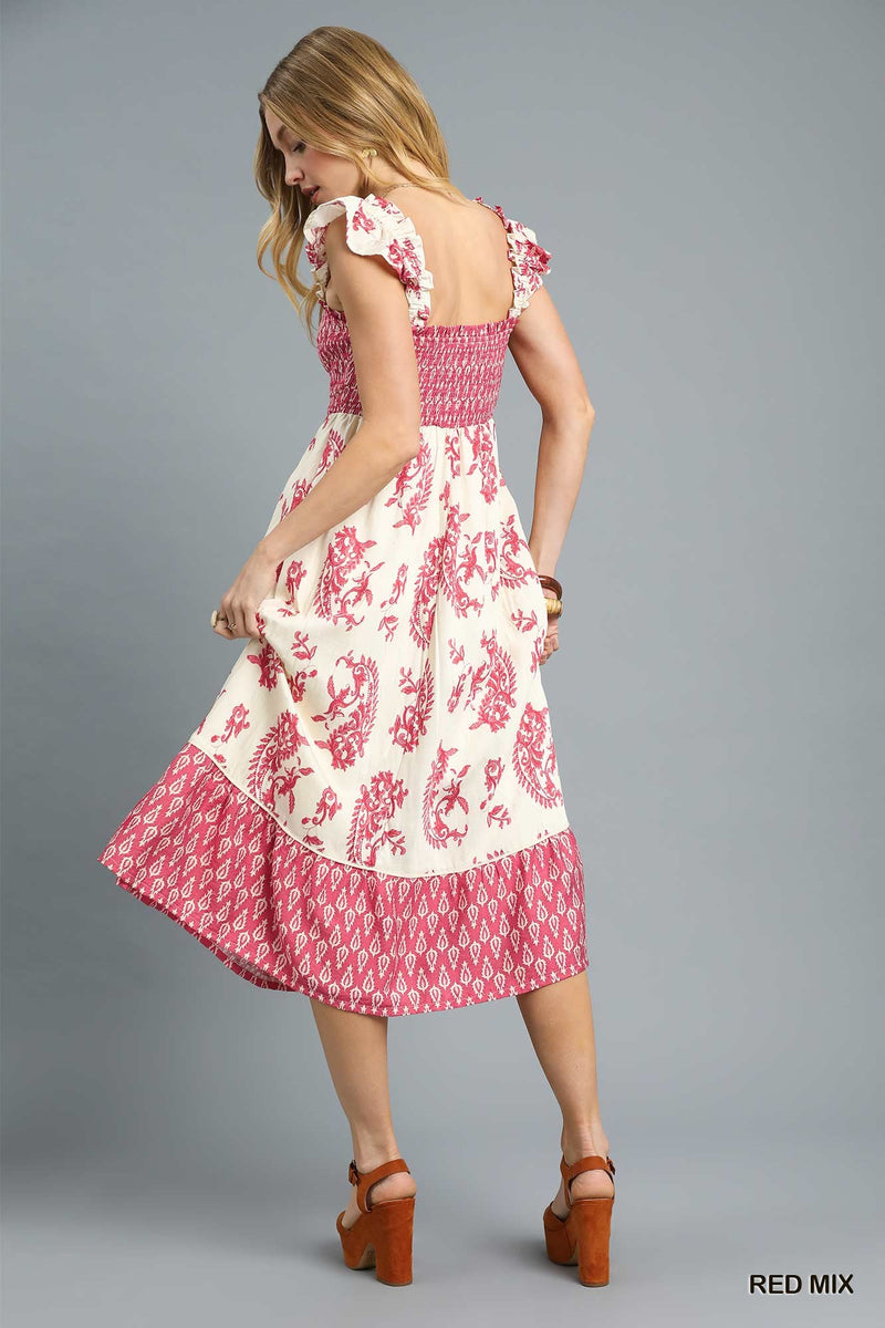 Smocked Ruffle Strap Midi Dress - Red