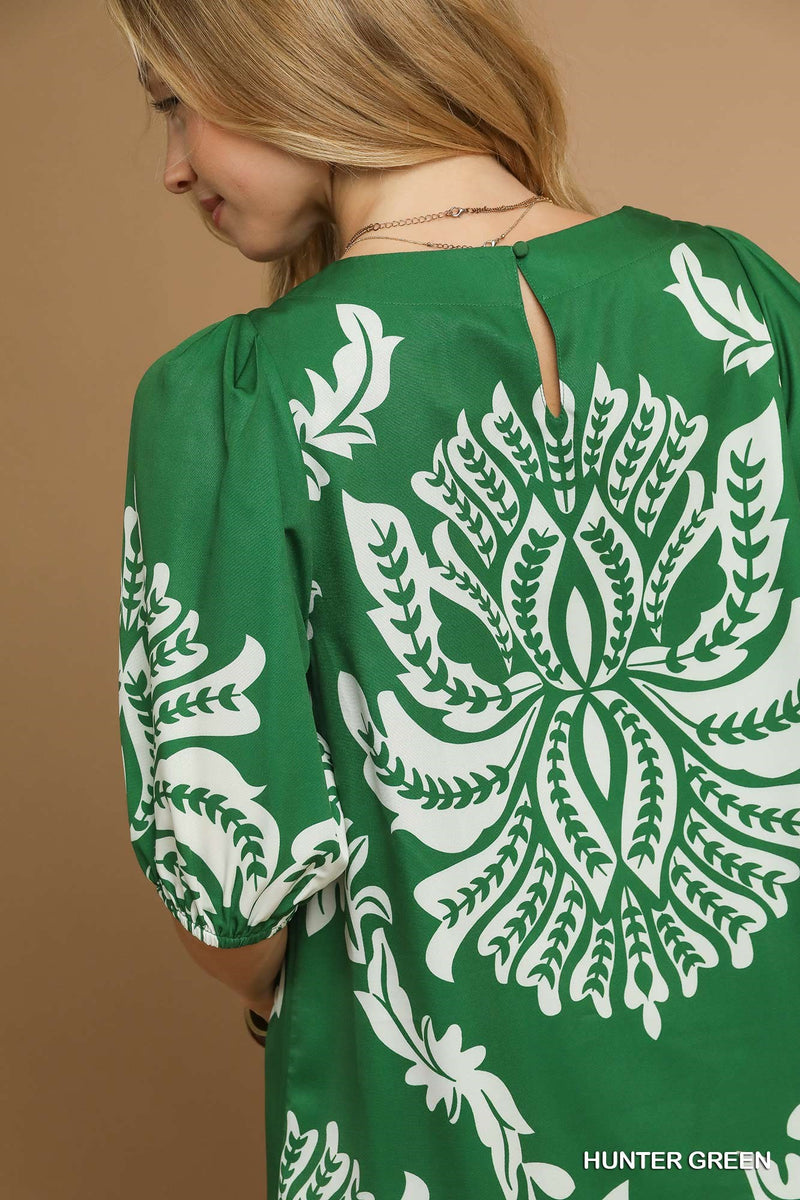 Bold Floral Puff Sleeve Mini Dress - Hunter Green