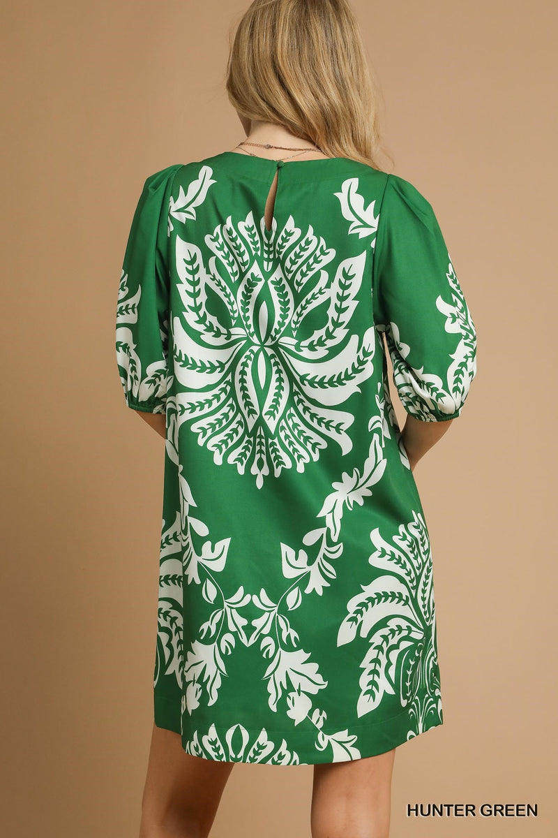 Bold Floral Puff Sleeve Mini Dress - Hunter Green