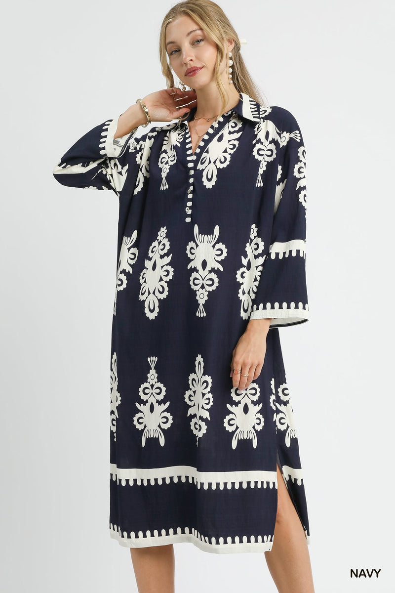 Abstract Print Midi Dress - Navy