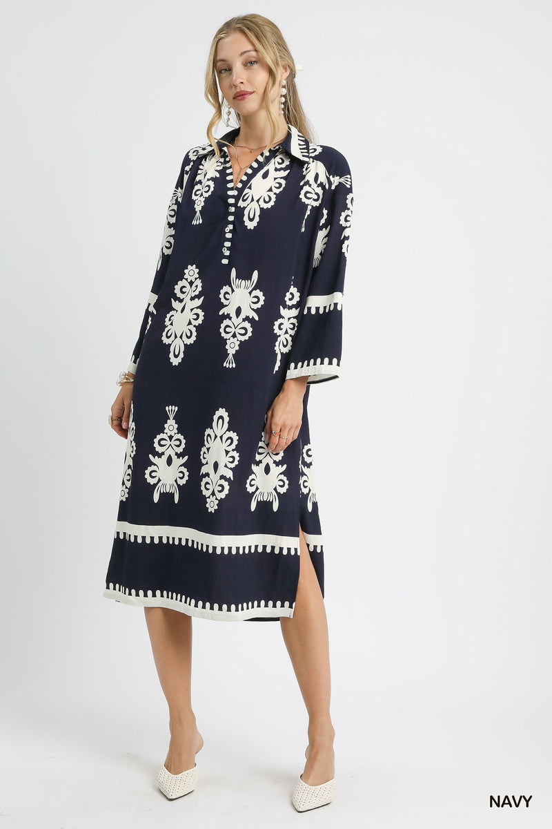 Abstract Print Midi Dress - Navy