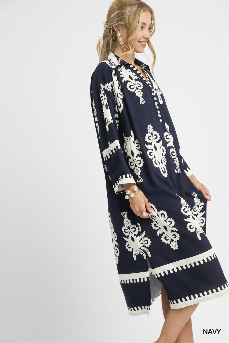 Abstract Print Midi Dress - Navy