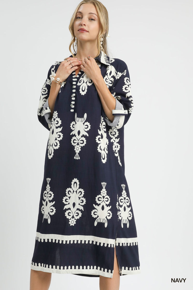 Abstract Print Midi Dress - Navy