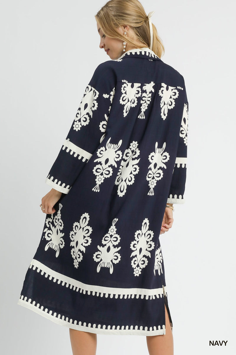 Abstract Print Midi Dress - Navy
