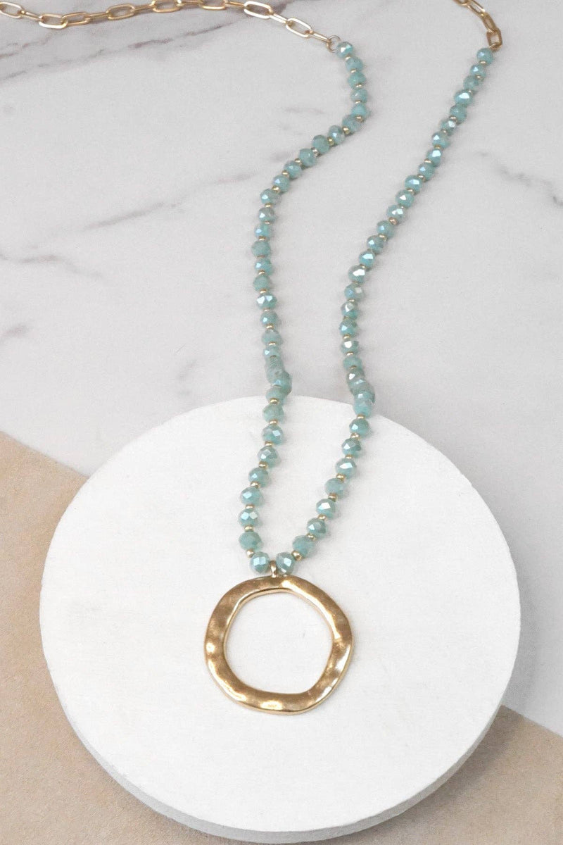 Beaded Necklace with Gold Tone Circle Pendant Aqua