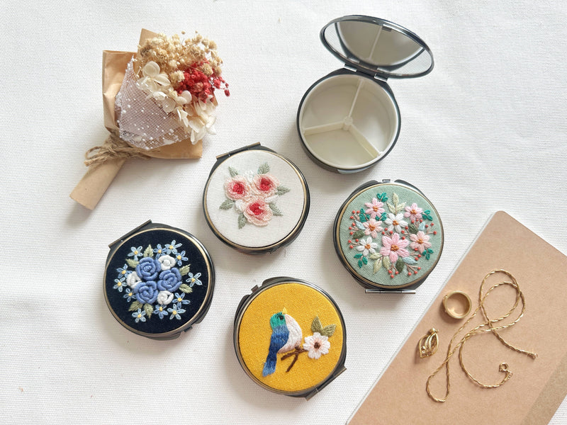 Floral Embroidered Round Jewelry Box (or Pill Box) With MirrorSuccess