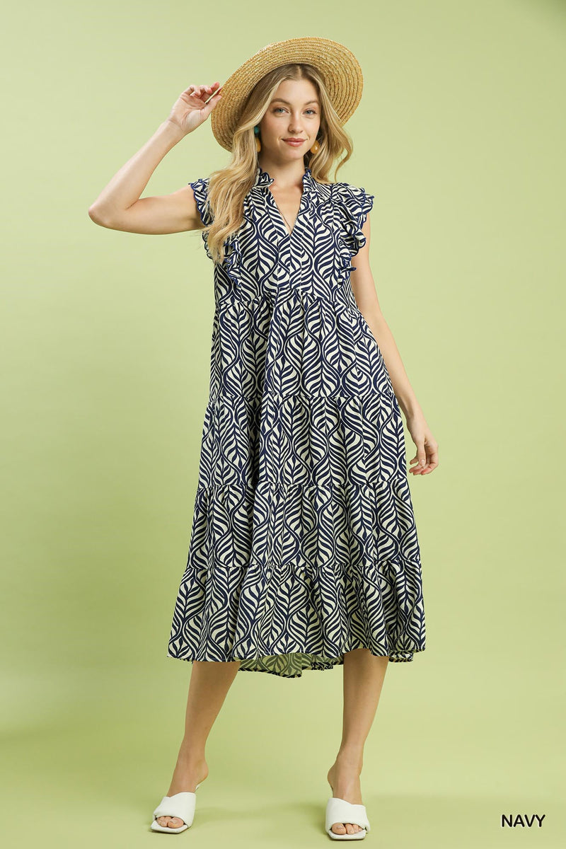 Leaf Print Tiered Midi Dress - Navy