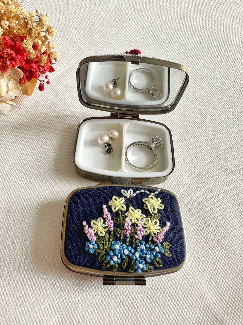 Floral Embroidered Rectangle Mini Jewelry Box (or Pill Box) With Mirror