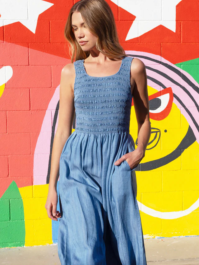 Charlie B Tencel Sleeveless Smocked Maxi Dress - Soft Blue