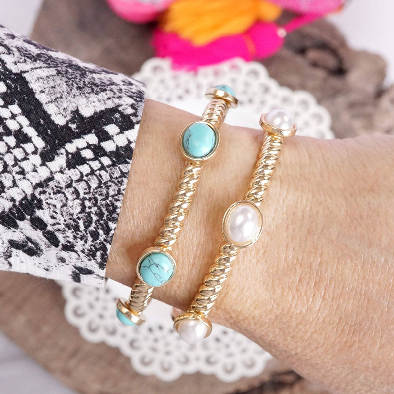 Jeweled Golden Twisted Bangle with oval jewels - Pearl Turquoise