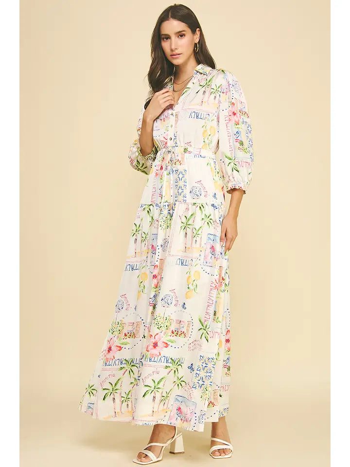 Print Button Down Maxi Dress - Cream Multi