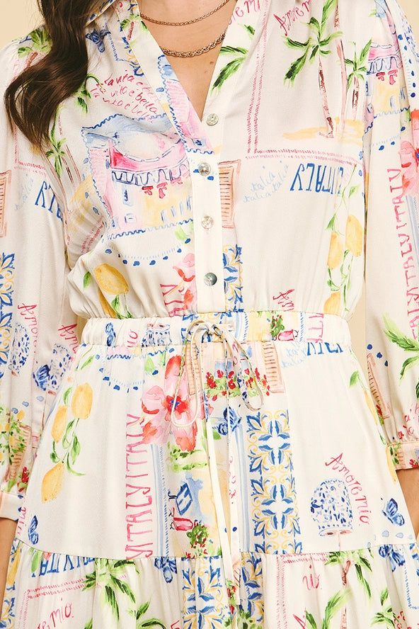 Print Button Down Maxi Dress - Cream Multi