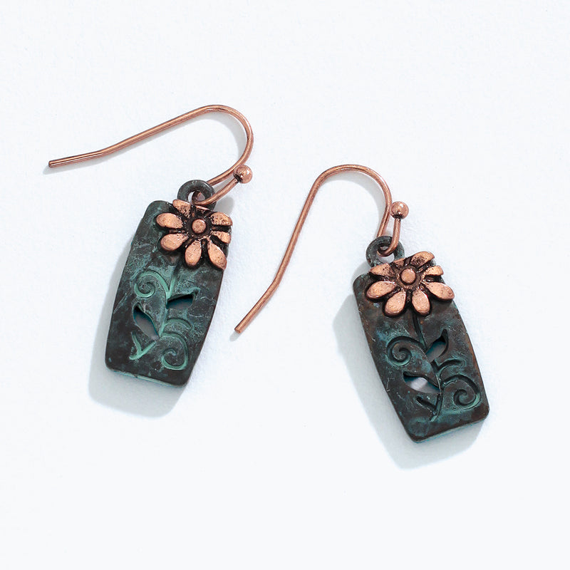 Earrings-Patina + Copper Sunflower