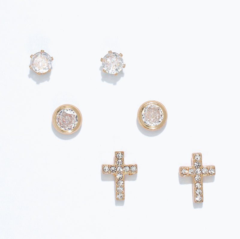 Earrings-Trio CZ Studs and Cross