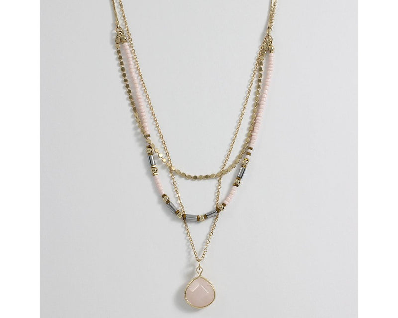 Layered rose quartz pendant with gold beads 8150833