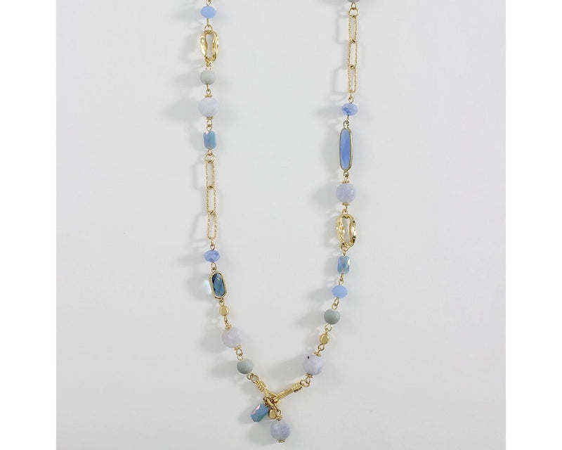 36” Gold links with natural stone, faceted sapphire blue crystals & glass beads 8151365