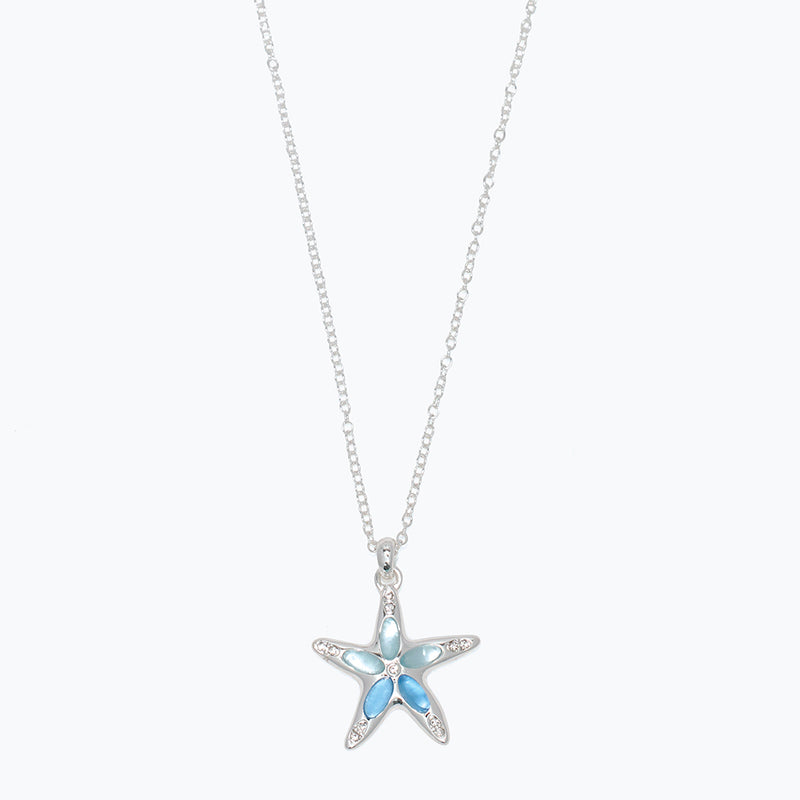 Necklace-Slvr Starfish w Blues + Cr