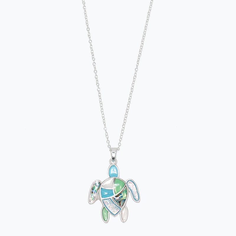 Necklace-Slvr Turtle w Blues + Gree
