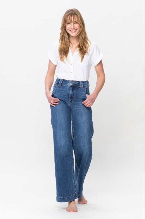 Judy Blue High Waist Double Button Wide Leg Jeans - Sizes 0-22W Curvy