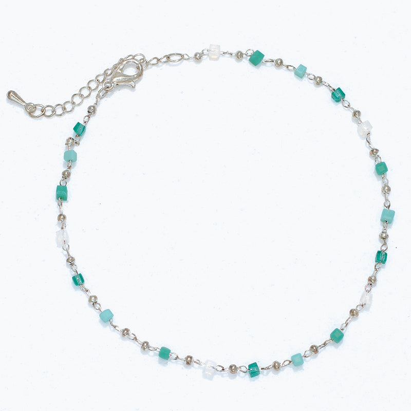 Anklet-Silver Green & White Beaded