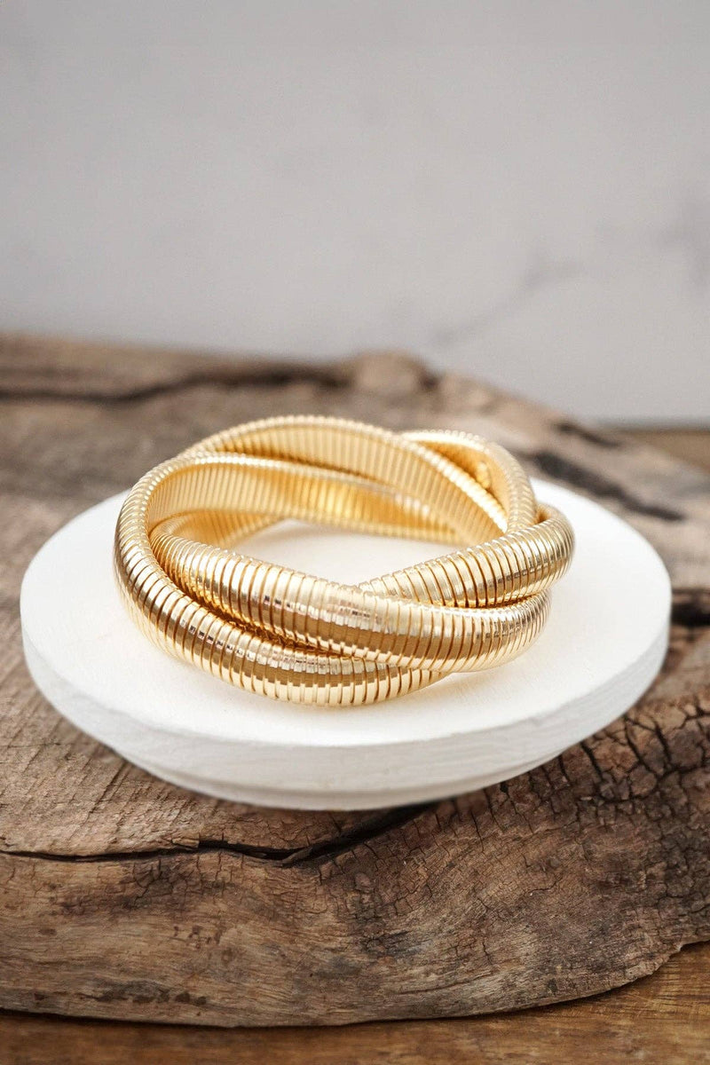 Gold tone triple strand tubogas flex stretch bracelet bangle