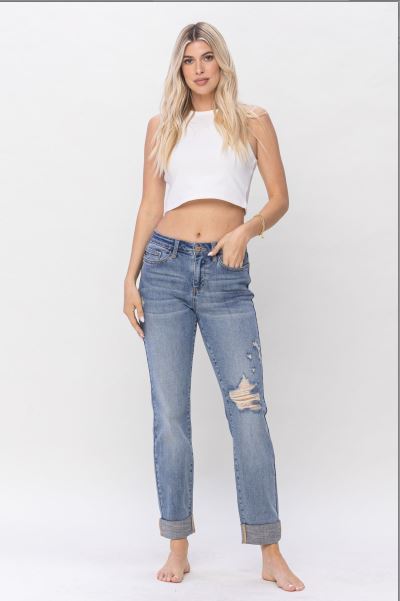 FINAL SALE Judy Blue Distressed Knee and Cuffed Hem Boyfriend Cut Jeans - Sizes 7-22W