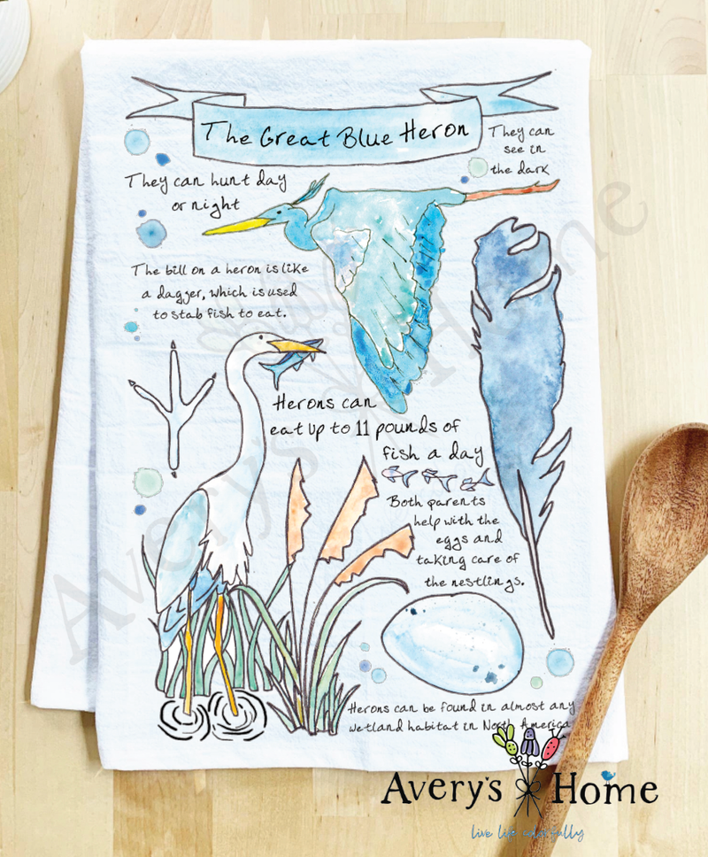 All about the Blue Heron Coastal bird watcher Kitchen Towel