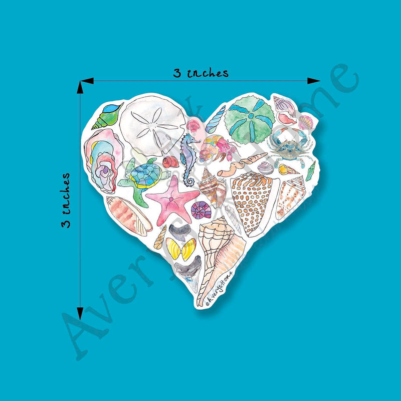Seashell Heart Art Permanent 3" White Vinyl Die-Cut Sticker