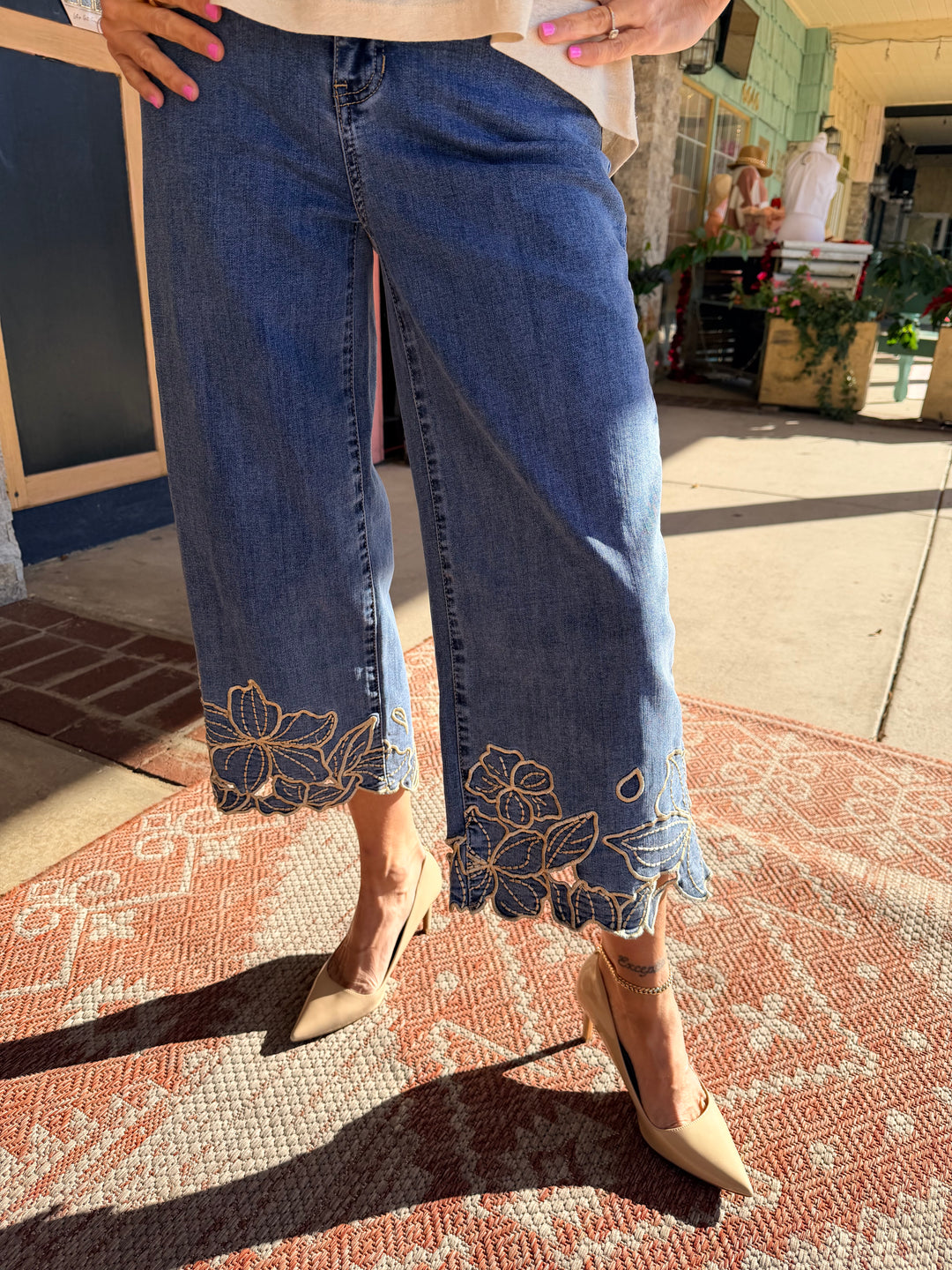 Charlie B Cropped Wide Leg Stretch Denim Pants With Flower Embroidery At Hem