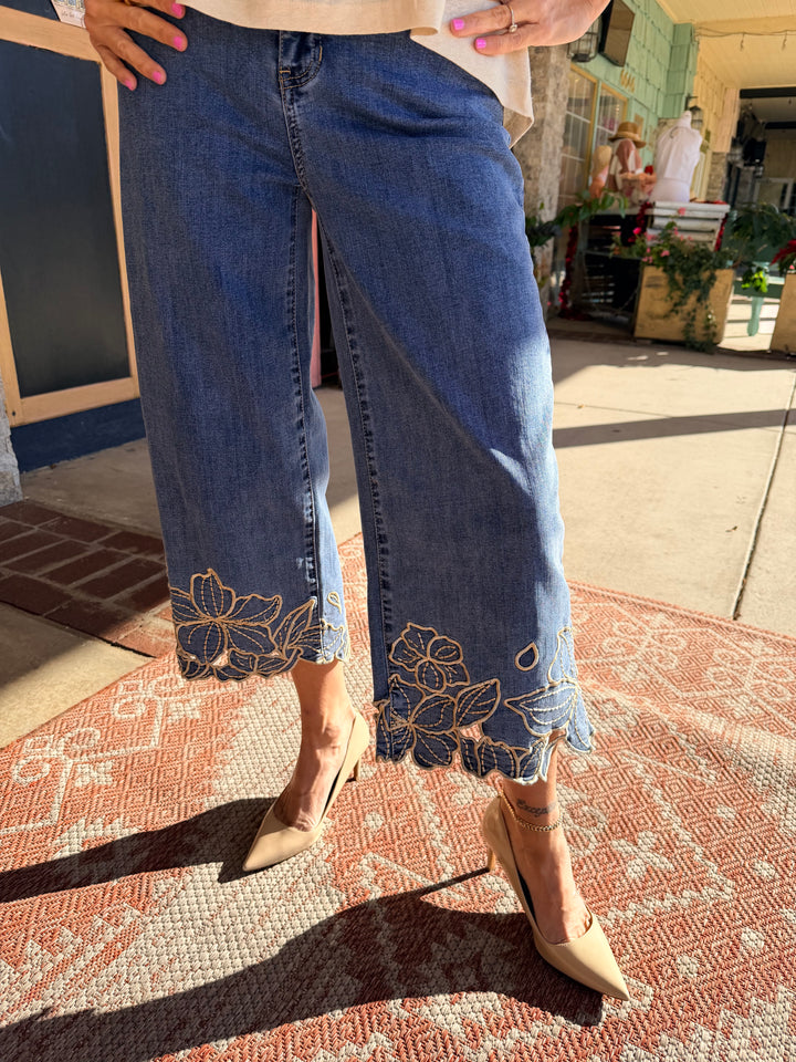 Charlie B Cropped Wide Leg Stretch Denim Pants With Flower Embroidery At Hem