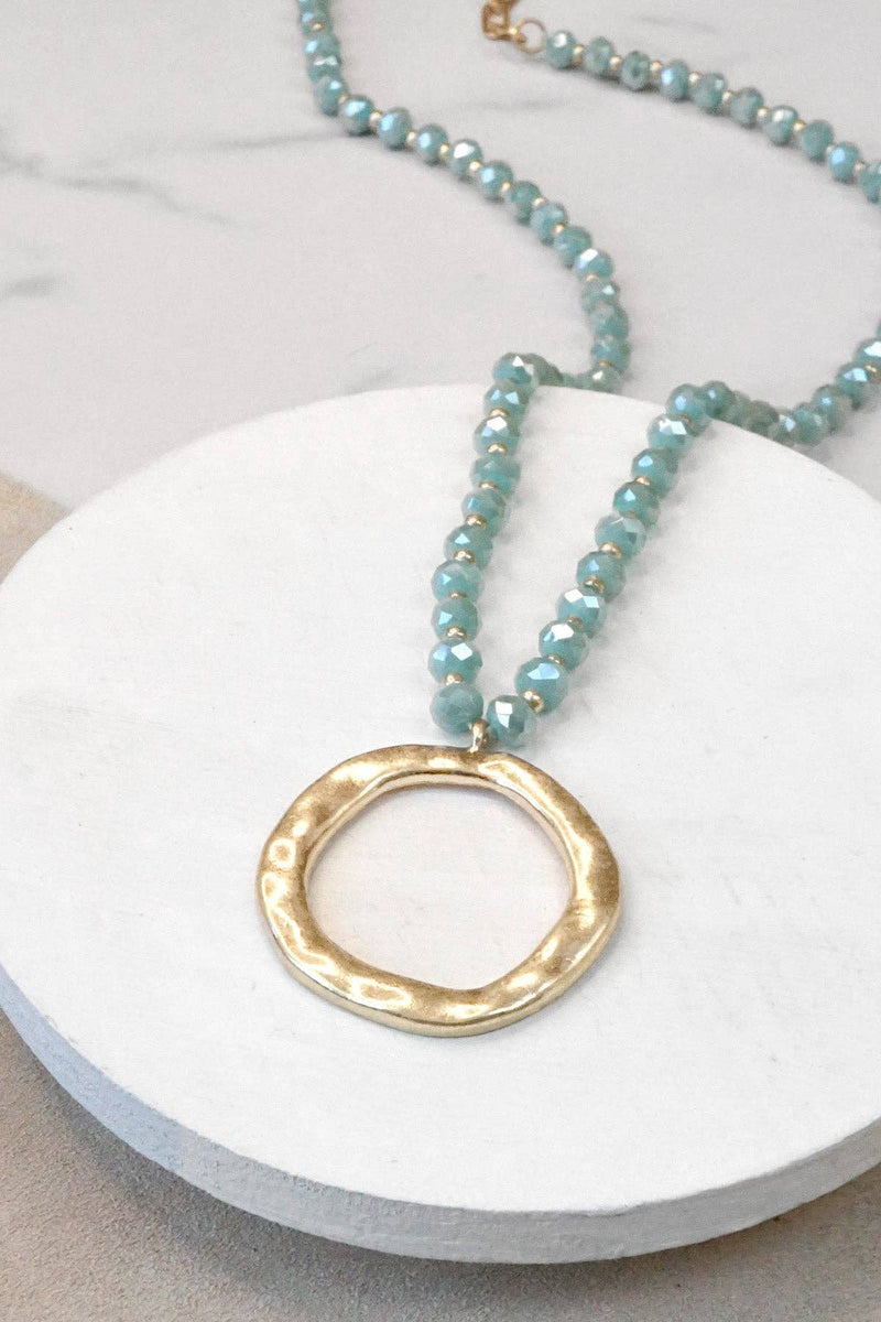 Beaded Necklace with Gold Tone Circle Pendant Aqua