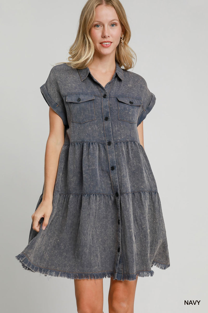 Snow Washed Denim Dress - Navy