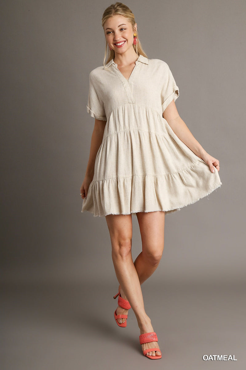 FINAL SALE Linen Tiered Dress with Frayed Hem - Oatmeal