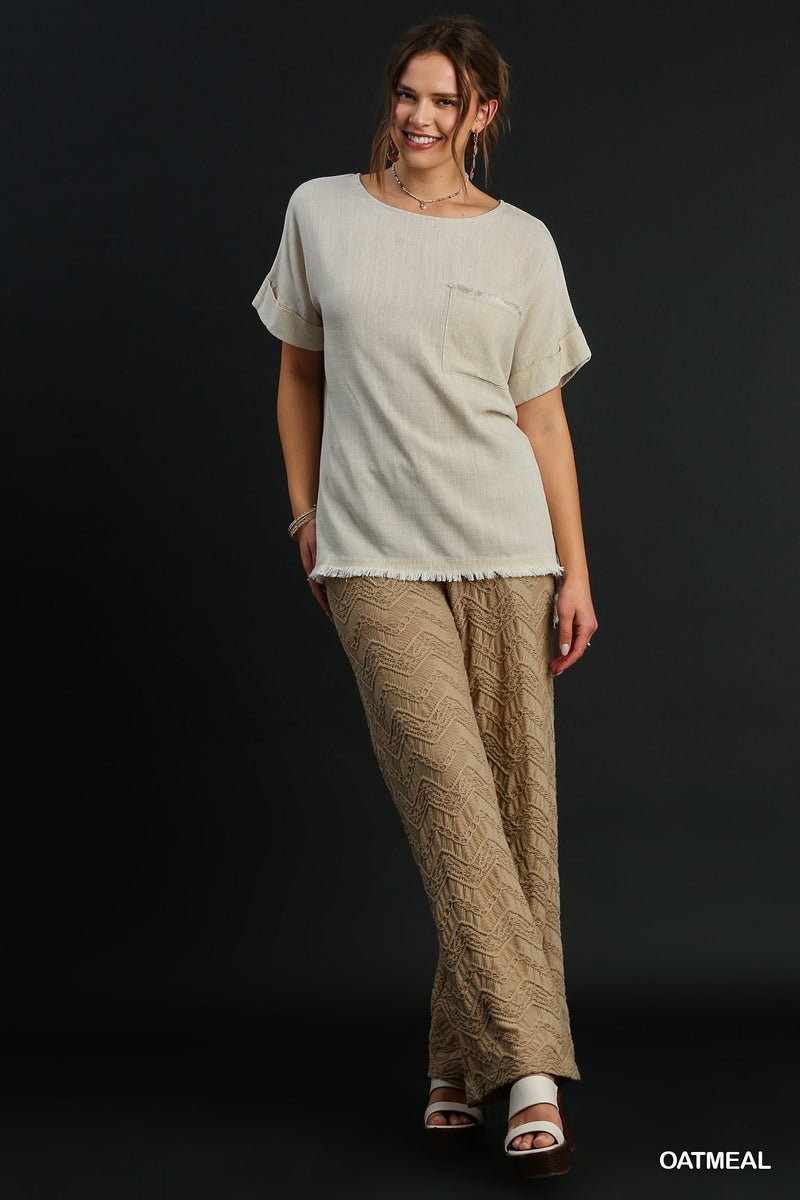 FINAL SALE Linen Blend Top with Frayed Hem - Oatmeal