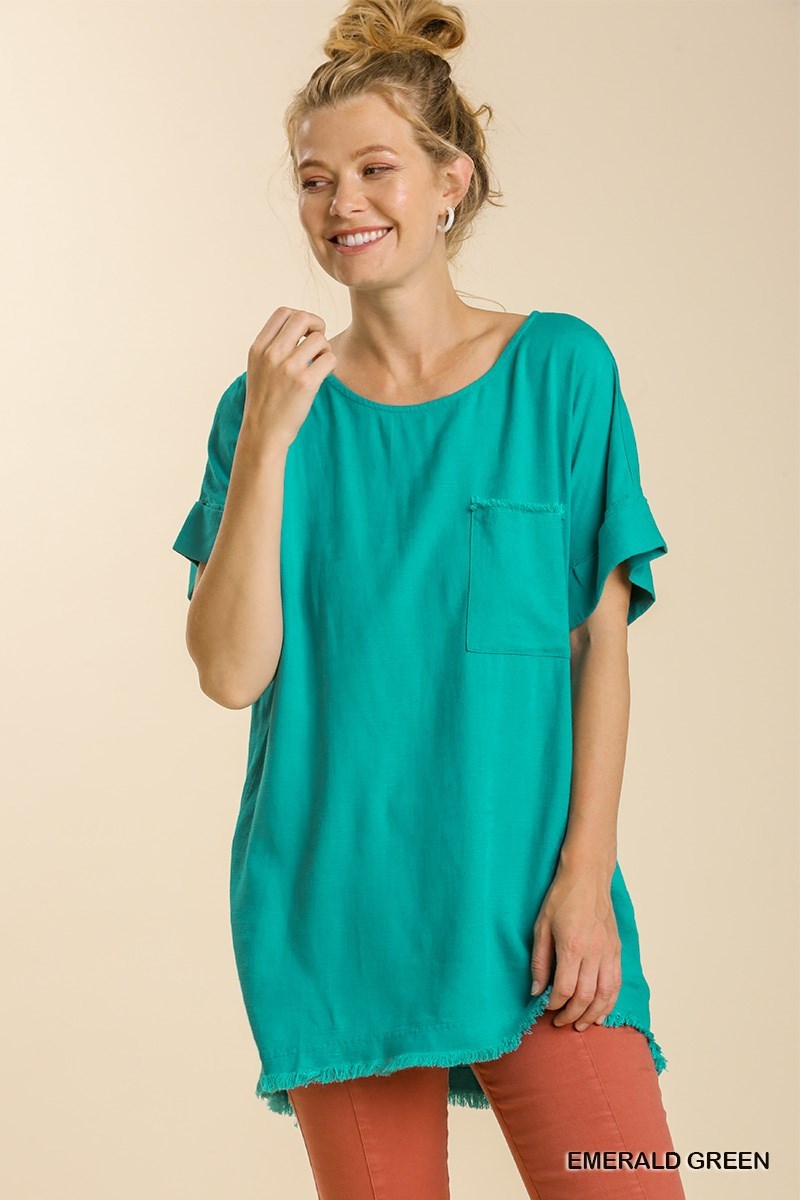 FINAL SALE Linen Blend Top with Frayed Hem - Emerald