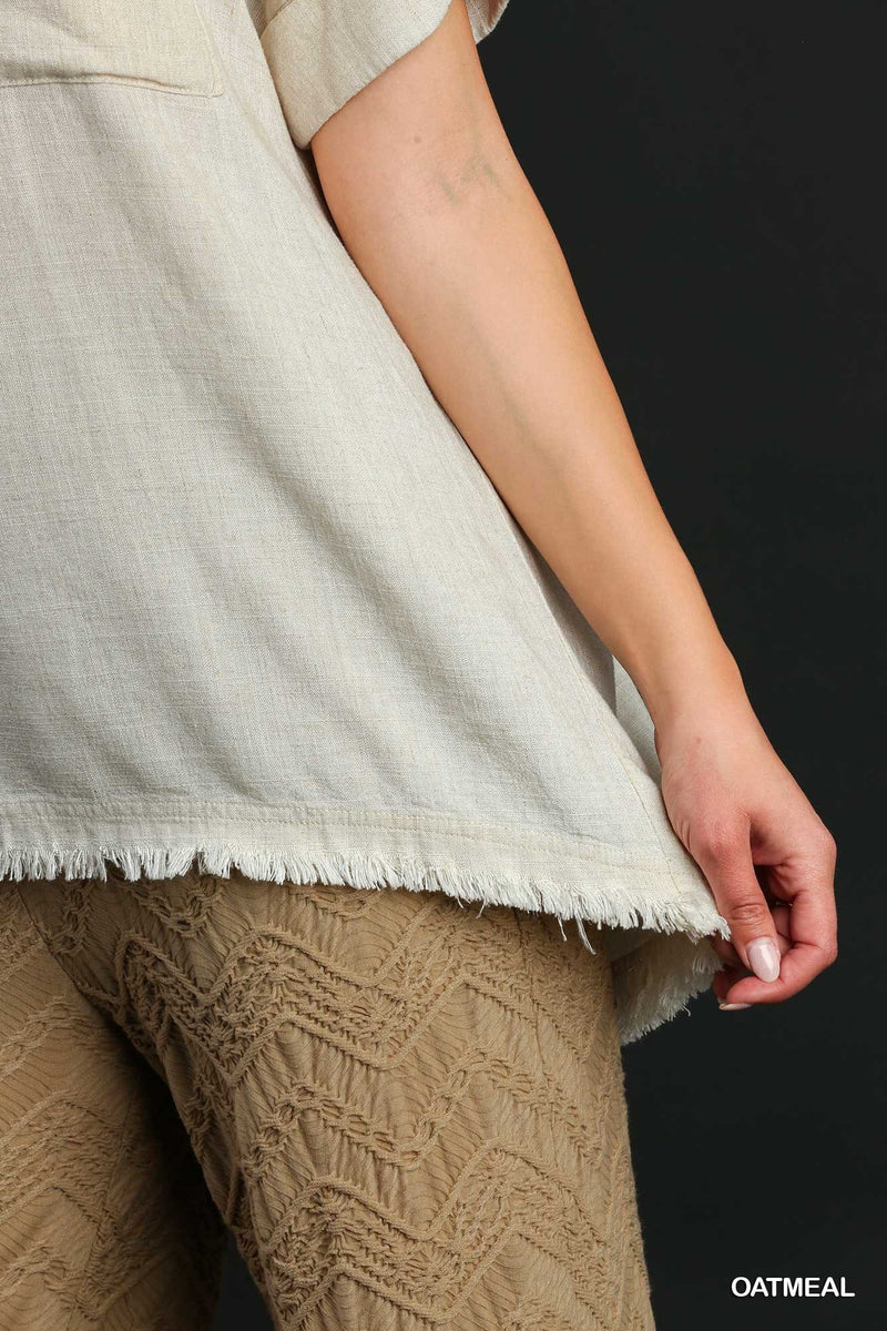 FINAL SALE Linen Blend Top with Frayed Hem - Oatmeal