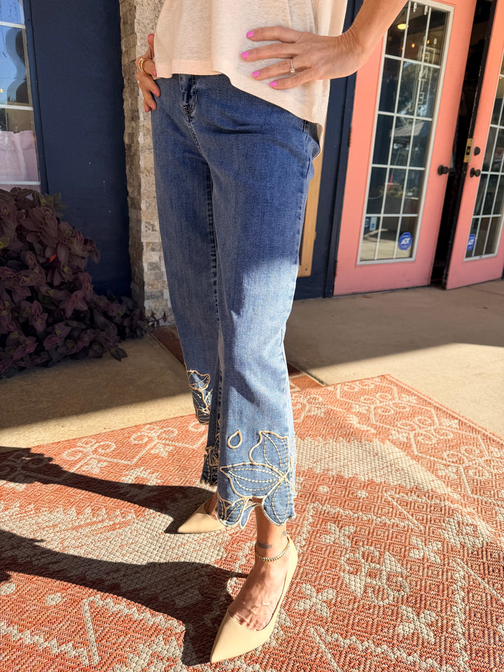 Charlie B Cropped Wide Leg Stretch Denim Pants With Flower Embroidery At Hem