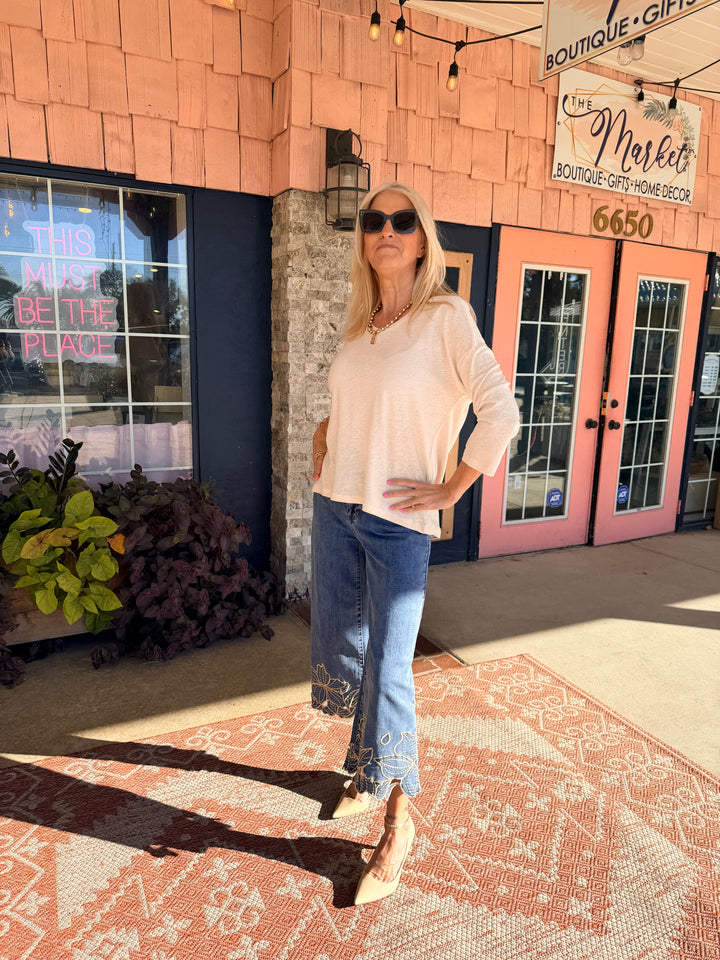 Charlie B Cropped Wide Leg Stretch Denim Pants With Flower Embroidery At Hem