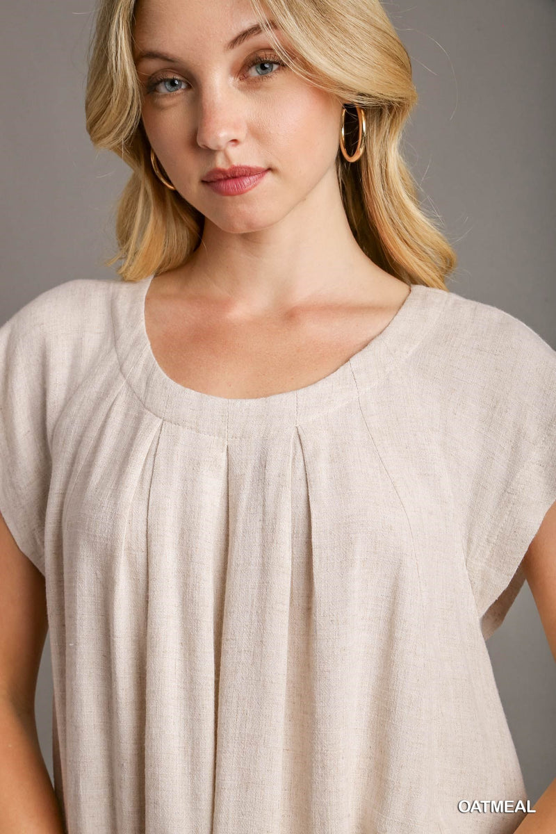 Pleated Round Neck Boxy Cut Top - Oatmeal