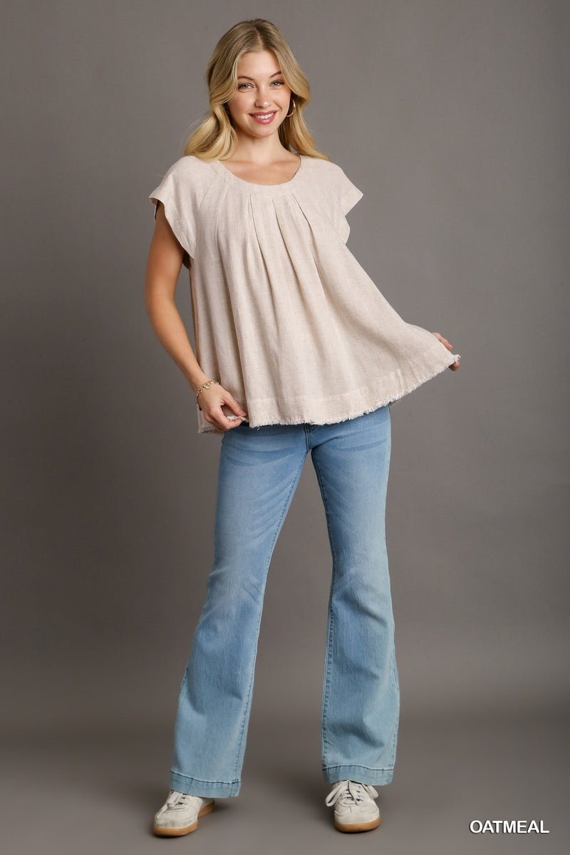 Pleated Round Neck Boxy Cut Top - Oatmeal