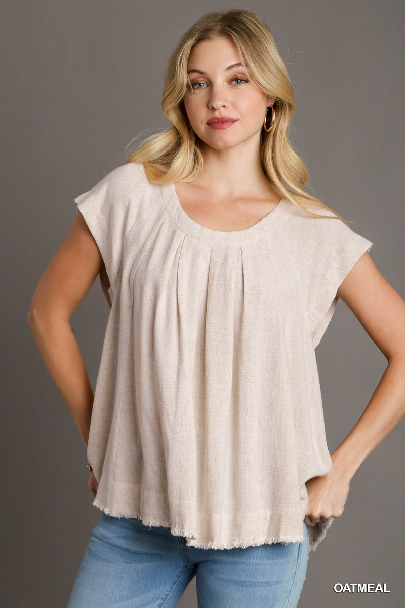 Pleated Round Neck Boxy Cut Top - Oatmeal